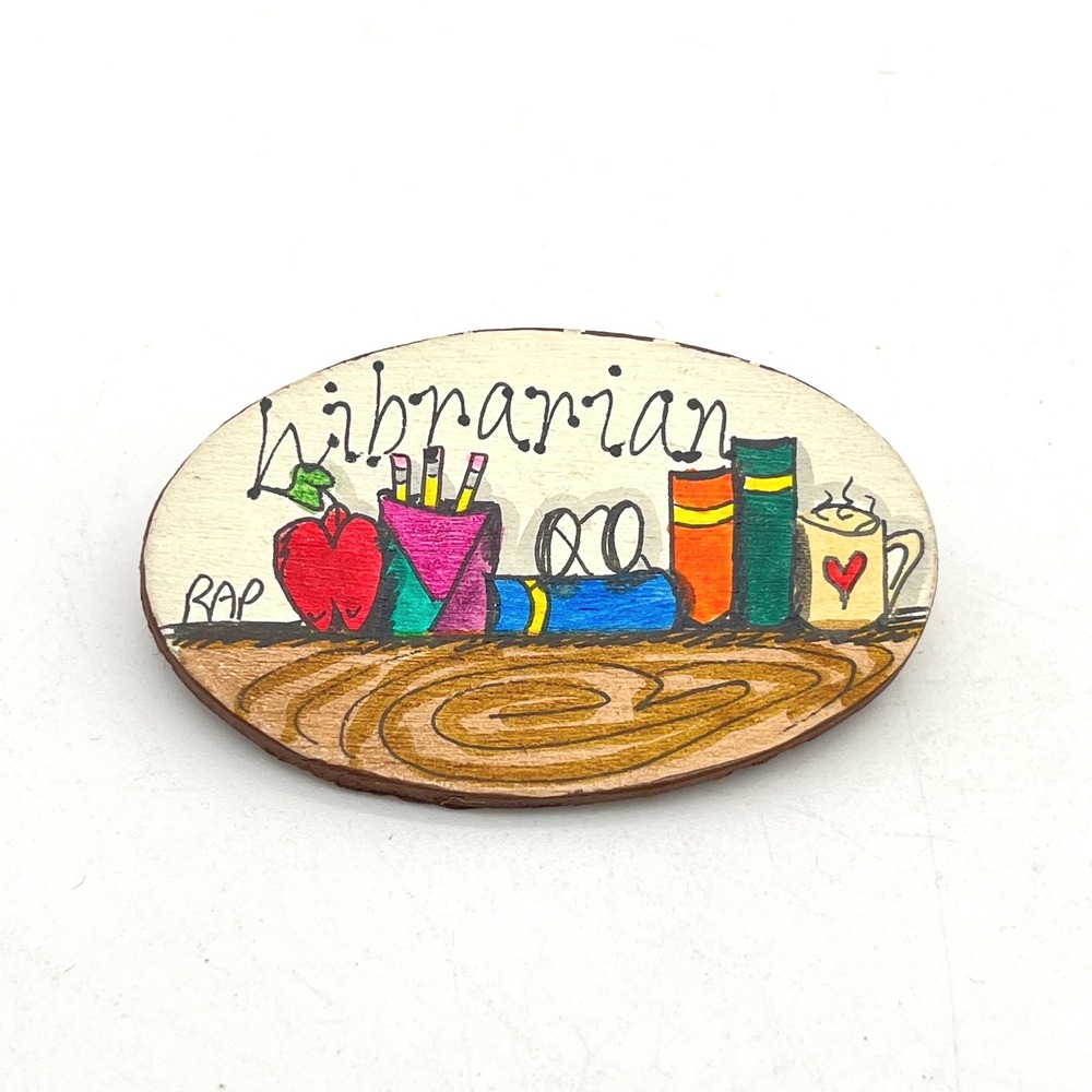 Vintage RAP Hand Painted Wood Librarian Brooch Pin Apple Books Coffee Oval